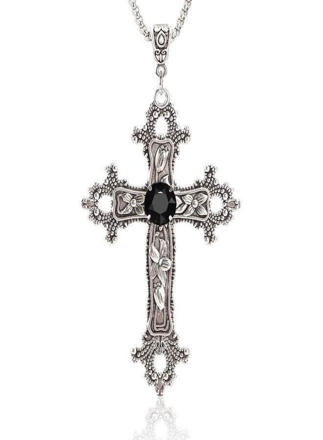 SHUS LIVE Gothic Cross Necklace Silver-Tone Pendant with Black Glass Stone, on 25” Steel Chain, Cross Necklace for Women, Large Goth Silver Cross Necklaces for Man, Big y2k Necklaces, Halloween Jewelry - Image 1